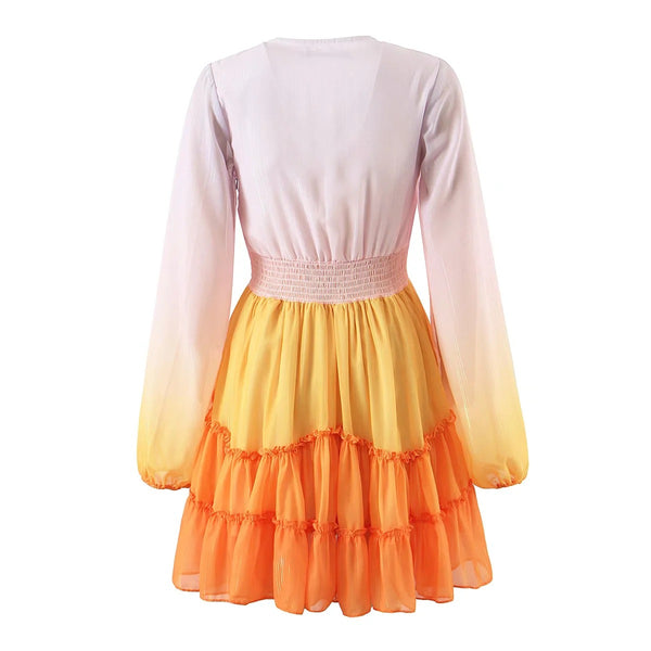 Pretty Beautiful Women Clothing Gradient Colorful Color Change Silk Chiffon V Neck Pleated Waist Long Sleeves Dress