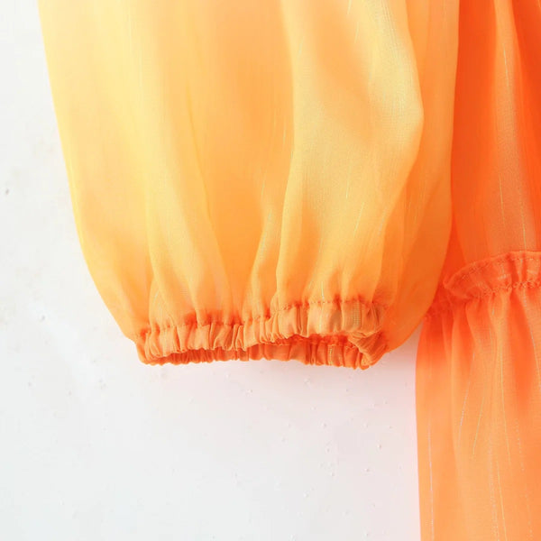 Pretty Beautiful Women Clothing Gradient Colorful Color Change Silk Chiffon V Neck Pleated Waist Long Sleeves Dress