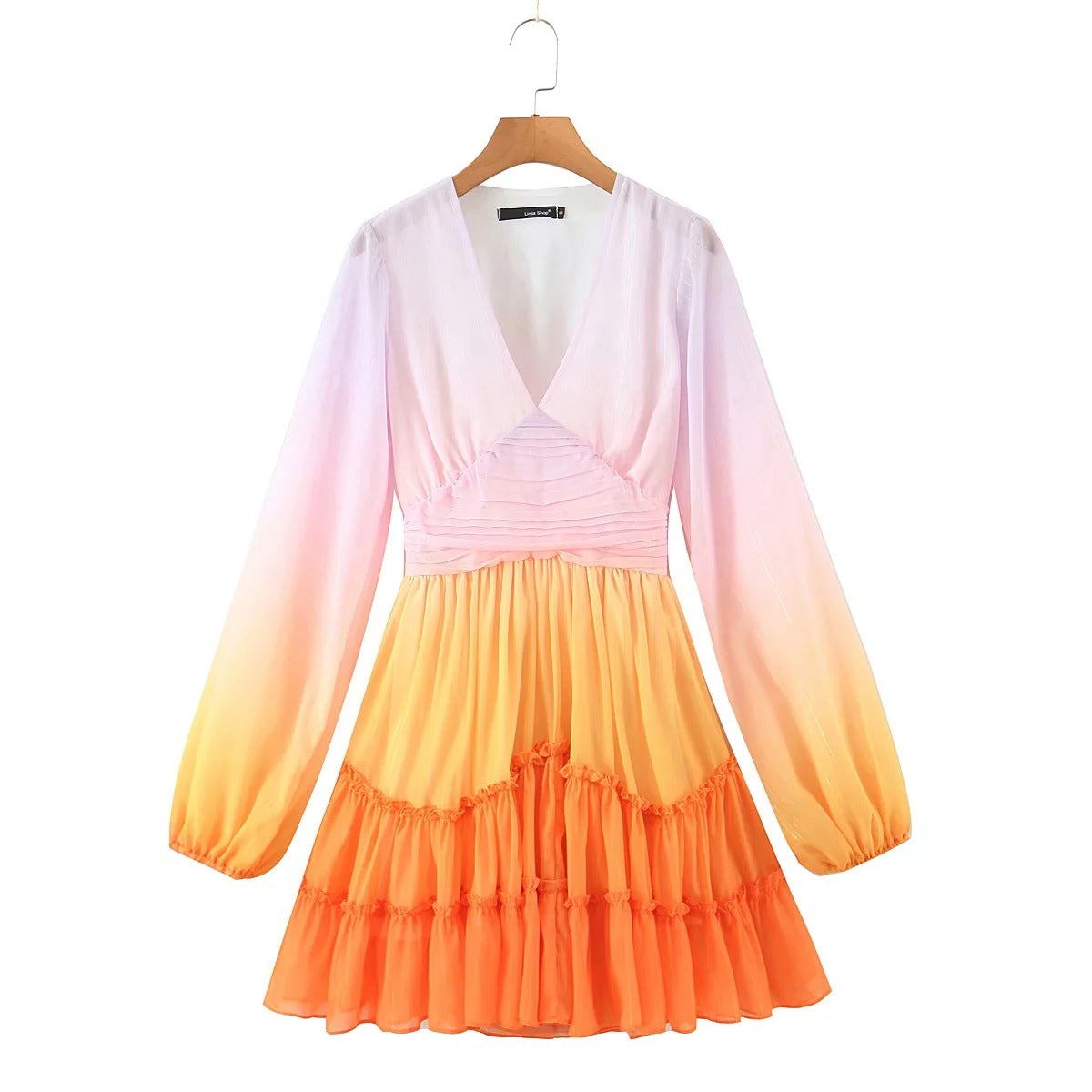 Pretty Beautiful Women Clothing Gradient Colorful Color Change Silk Chiffon V Neck Pleated Waist Long Sleeves Dress
