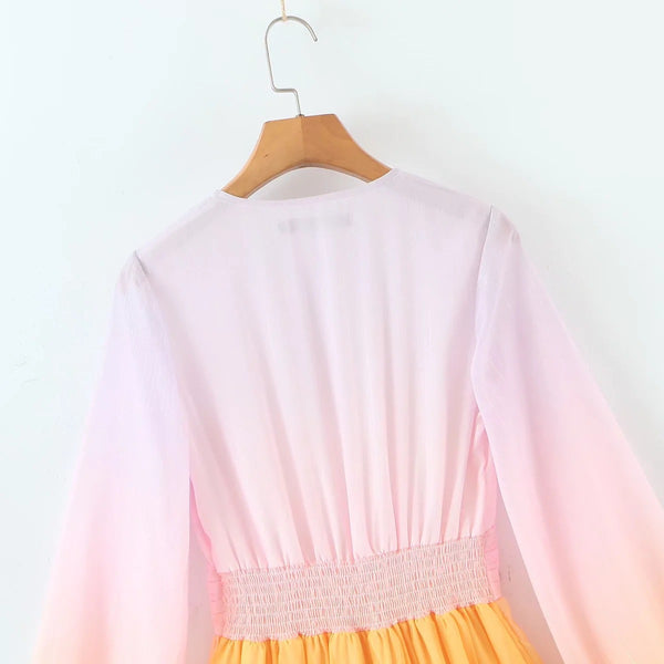 Pretty Beautiful Women Clothing Gradient Colorful Color Change Silk Chiffon V Neck Pleated Waist Long Sleeves Dress