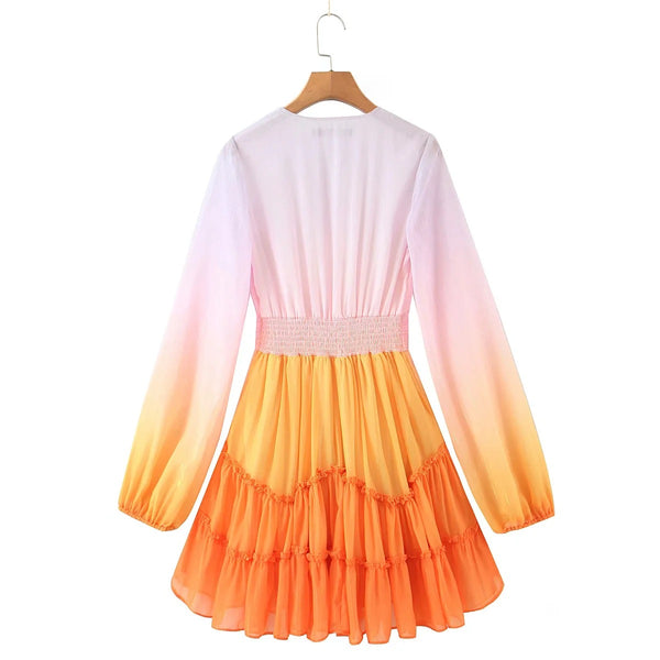 Pretty Beautiful Women Clothing Gradient Colorful Color Change Silk Chiffon V Neck Pleated Waist Long Sleeves Dress