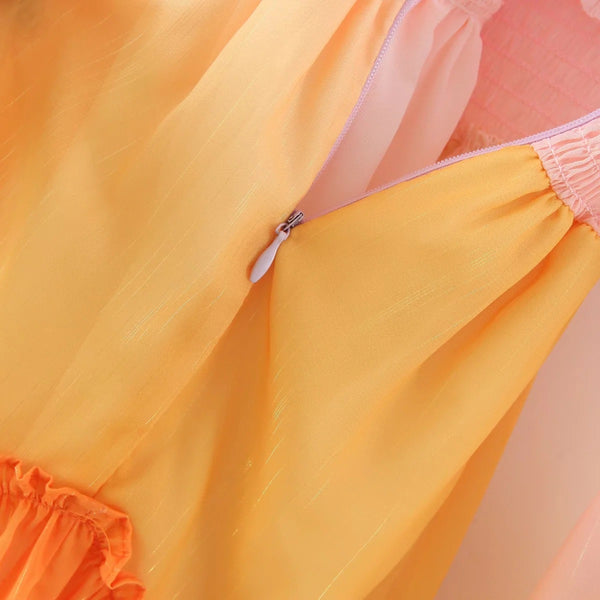 Pretty Beautiful Women Clothing Gradient Colorful Color Change Silk Chiffon V Neck Pleated Waist Long Sleeves Dress