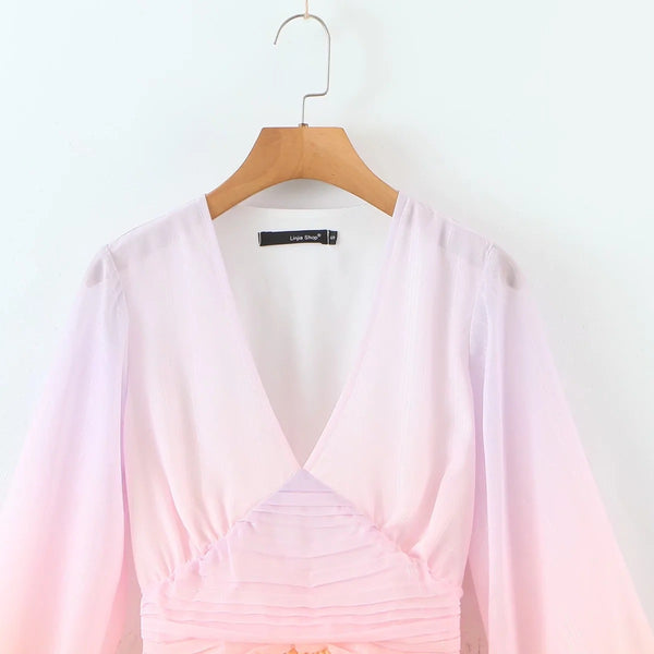 Pretty Beautiful Women Clothing Gradient Colorful Color Change Silk Chiffon V Neck Pleated Waist Long Sleeves Dress