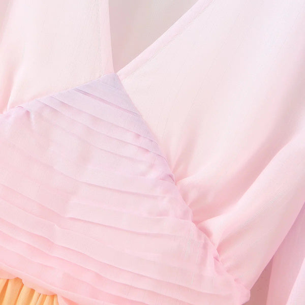 Pretty Beautiful Women Clothing Gradient Colorful Color Change Silk Chiffon V Neck Pleated Waist Long Sleeves Dress