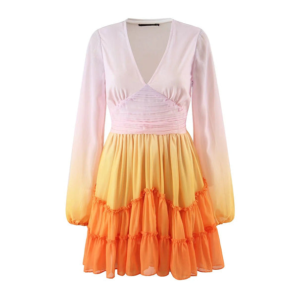 Pretty Beautiful Women Clothing Gradient Colorful Color Change Silk Chiffon V Neck Pleated Waist Long Sleeves Dress