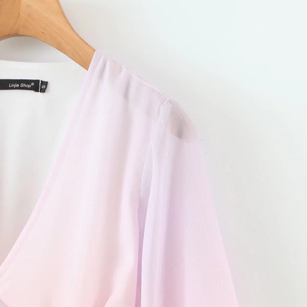 Pretty Beautiful Women Clothing Gradient Colorful Color Change Silk Chiffon V Neck Pleated Waist Long Sleeves Dress