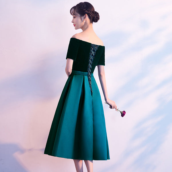 Beautiful Women Cute Tea Length Green Velvet Off Shoulder Evening Party Banquet Bridesmaid Mid Length Dress