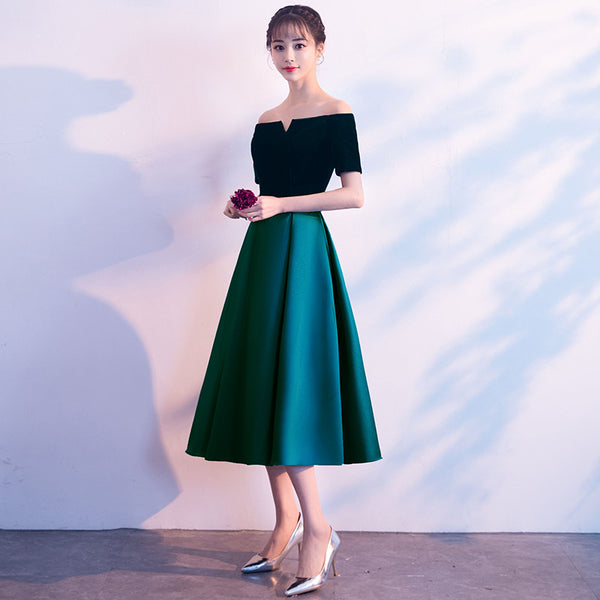 Beautiful Women Cute Tea Length Green Velvet Off Shoulder Evening Party Banquet Bridesmaid Mid Length Dress