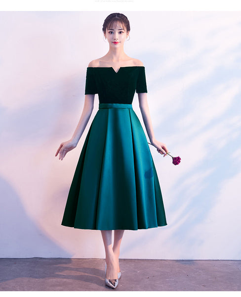 Beautiful Women Cute Tea Length Green Velvet Off Shoulder Evening Party Banquet Bridesmaid Mid Length Dress