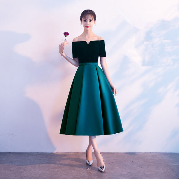 Beautiful Women Cute Tea Length Green Velvet Off Shoulder Evening Party Banquet Bridesmaid Mid Length Dress