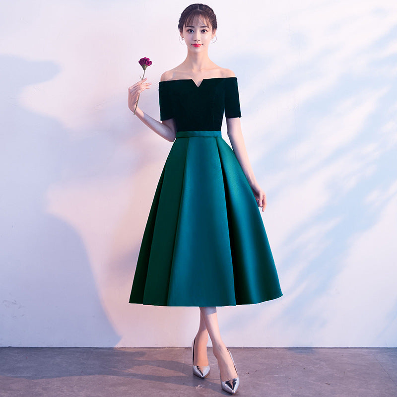Beautiful Women Cute Tea Length Green Velvet Off Shoulder Evening Party Banquet Bridesmaid Mid Length Dress