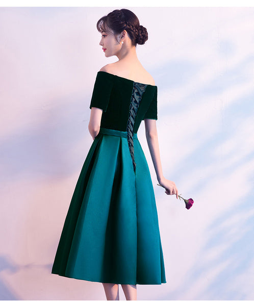 Beautiful Women Cute Tea Length Green Velvet Off Shoulder Evening Party Banquet Bridesmaid Mid Length Dress