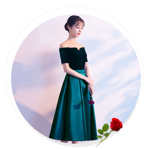 Beautiful Women Cute Tea Length Green Velvet Off Shoulder Evening Party Banquet Bridesmaid Mid Length Dress