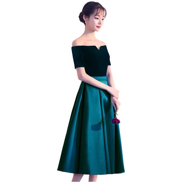 Beautiful Women Cute Tea Length Green Velvet Off Shoulder Evening Party Banquet Bridesmaid Mid Length Dress