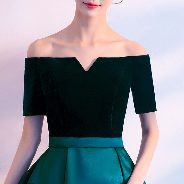 Beautiful Women Cute Tea Length Green Velvet Off Shoulder Evening Party Banquet Bridesmaid Mid Length Dress