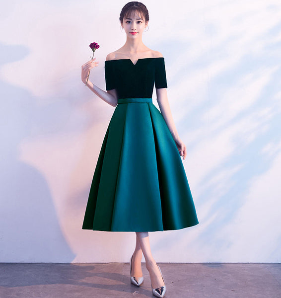 Beautiful Women Cute Tea Length Green Velvet Off Shoulder Evening Party Banquet Bridesmaid Mid Length Dress