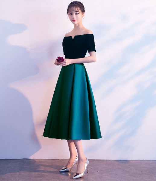 Beautiful Women Cute Tea Length Green Velvet Off Shoulder Evening Party Banquet Bridesmaid Mid Length Dress