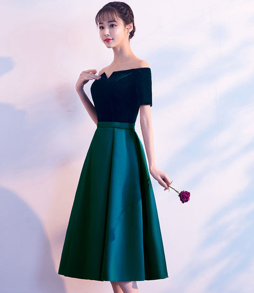 Beautiful Women Cute Tea Length Green Velvet Off Shoulder Evening Party Banquet Bridesmaid Mid Length Dress