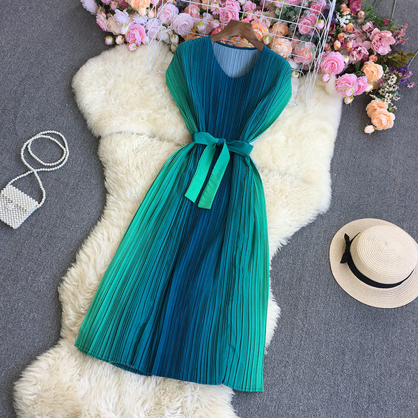 Summer Women Pleated Green Color Gradient Change Sleeveless Round Neck Waist Belt Band Size Loose Dress
