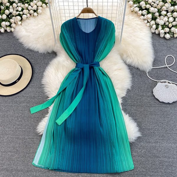 Summer Women Pleated Green Color Gradient Change Sleeveless Round Neck Waist Belt Band Size Loose Dress