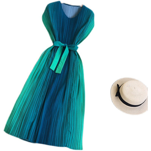 Summer Women Pleated Green Color Gradient Change Sleeveless Round Neck Waist Belt Band Size Loose Dress