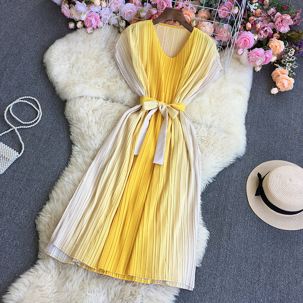Beautiful Summer Women Pleated Yellow Color Gradient Change Sleeveless Round Neck Waist Belt Band Size Loose Dress