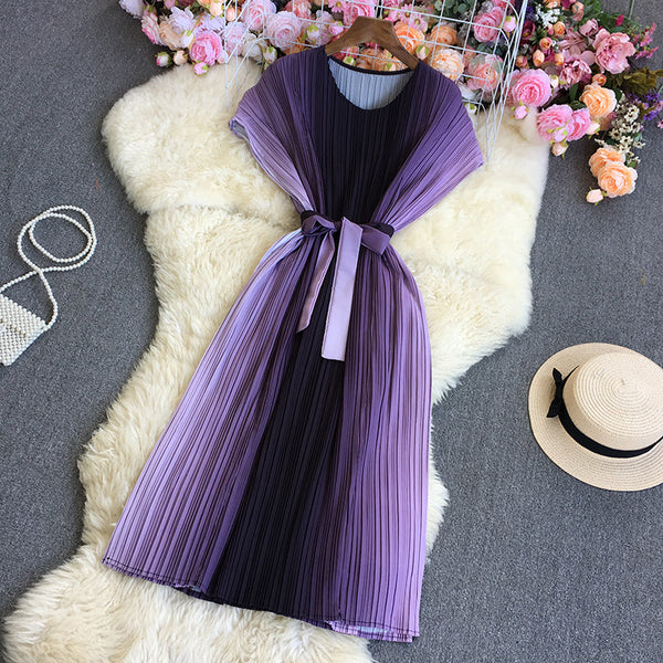 Sparkly Summer Women Pleated Purple Gradient Color Change Sleeveless Round Neck Waist Belt Band Size Loose Dress