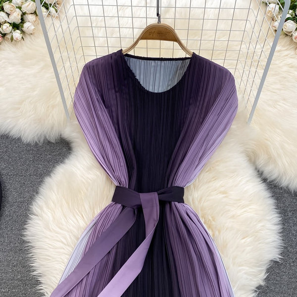 Sparkly Summer Women Pleated Purple Gradient Color Change Sleeveless Round Neck Waist Belt Band Size Loose Dress