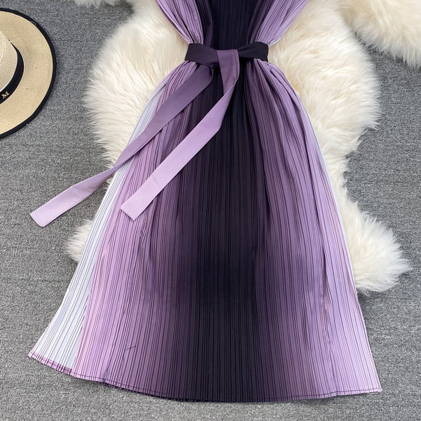 Sparkly Summer Women Pleated Purple Gradient Color Change Sleeveless Round Neck Waist Belt Band Size Loose Dress