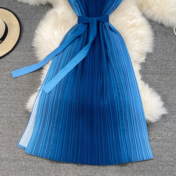 Amazing Summer Women Pleated Blue Gradient Color Change Sleeveless Round Neck Waist Belt Band Size Loose Dress
