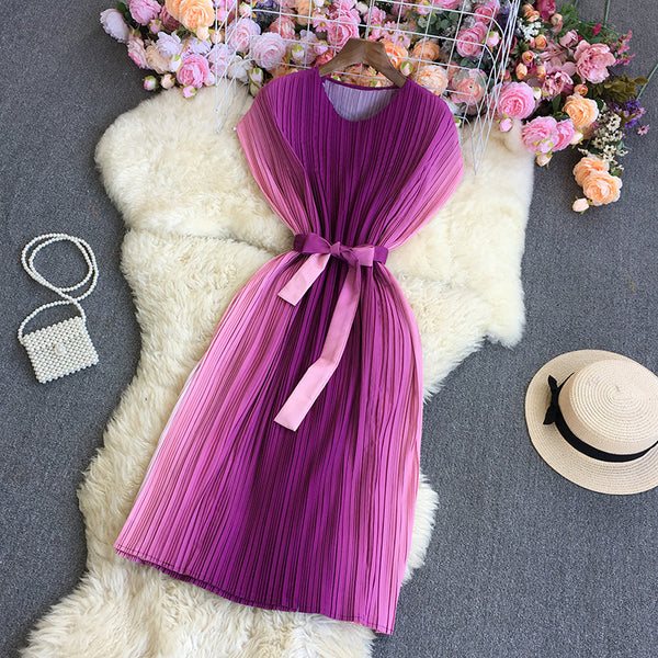 Great Look Summer Women Pleated Pink Gradient Color Change Sleeveless Round Neck Waist Belt Band Size Loose Dress