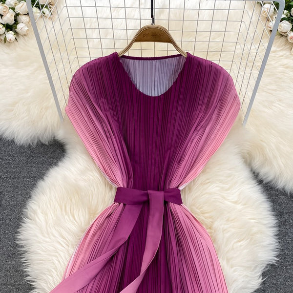 Great Look Summer Women Pleated Pink Gradient Color Change Sleeveless Round Neck Waist Belt Band Size Loose Dress