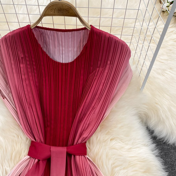 Summer Pretty Women Pleated Red Gradient Color Change Sleeveless Round Neck Waist Belt Band Size Loose Dress