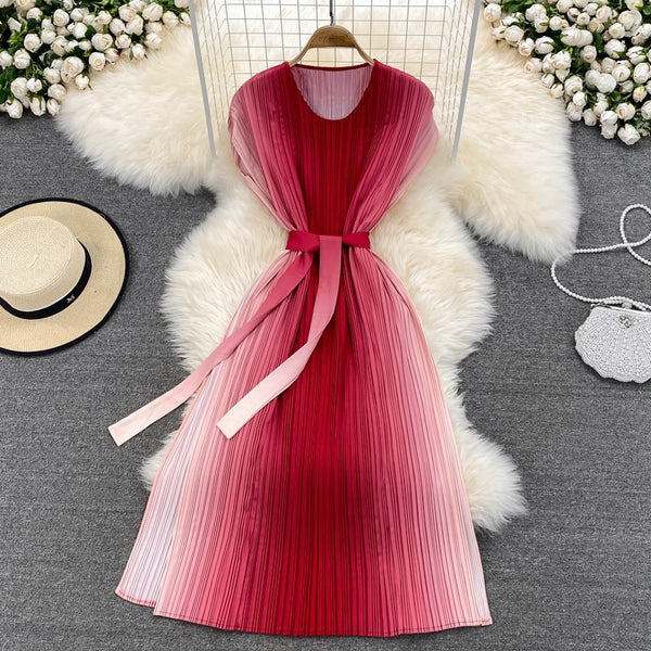 Summer Pretty Women Pleated Red Gradient Color Change Sleeveless Round Neck Waist Belt Band Size Loose Dress