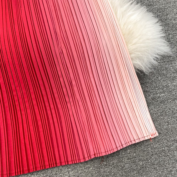 Summer Pretty Women Pleated Red Gradient Color Change Sleeveless Round Neck Waist Belt Band Size Loose Dress