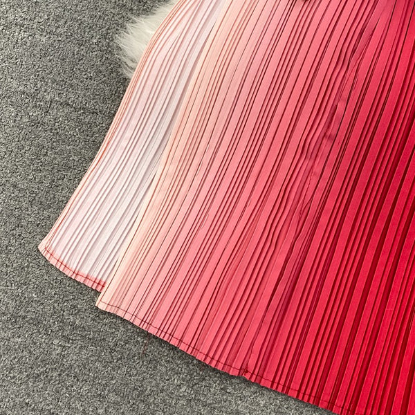 Summer Pretty Women Pleated Red Gradient Color Change Sleeveless Round Neck Waist Belt Band Size Loose Dress