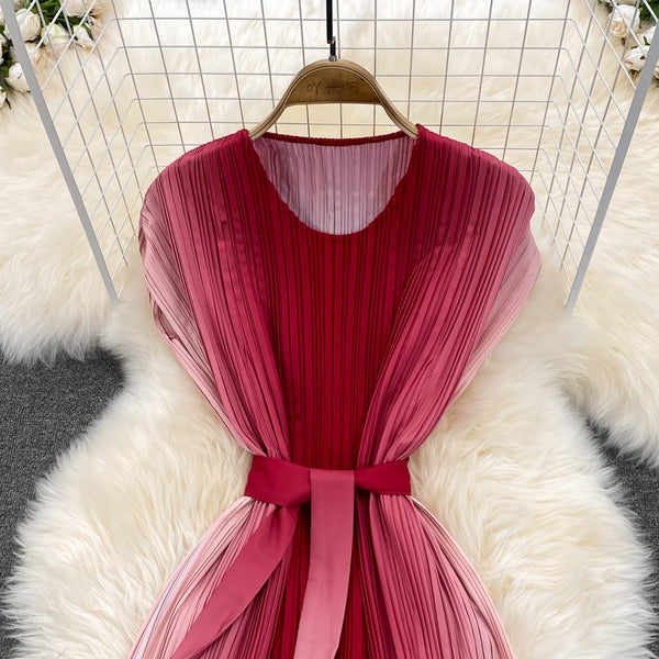 Summer Pretty Women Pleated Red Gradient Color Change Sleeveless Round Neck Waist Belt Band Size Loose Dress
