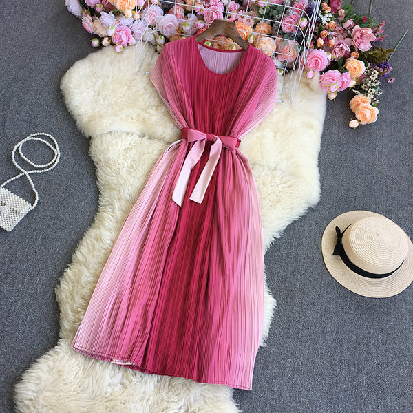 Summer Pretty Women Pleated Red Gradient Color Change Sleeveless Round Neck Waist Belt Band Size Loose Dress