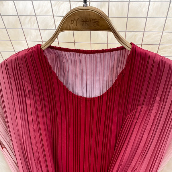 Summer Pretty Women Pleated Red Gradient Color Change Sleeveless Round Neck Waist Belt Band Size Loose Dress