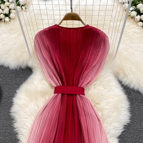 Summer Pretty Women Pleated Red Gradient Color Change Sleeveless Round Neck Waist Belt Band Size Loose Dress