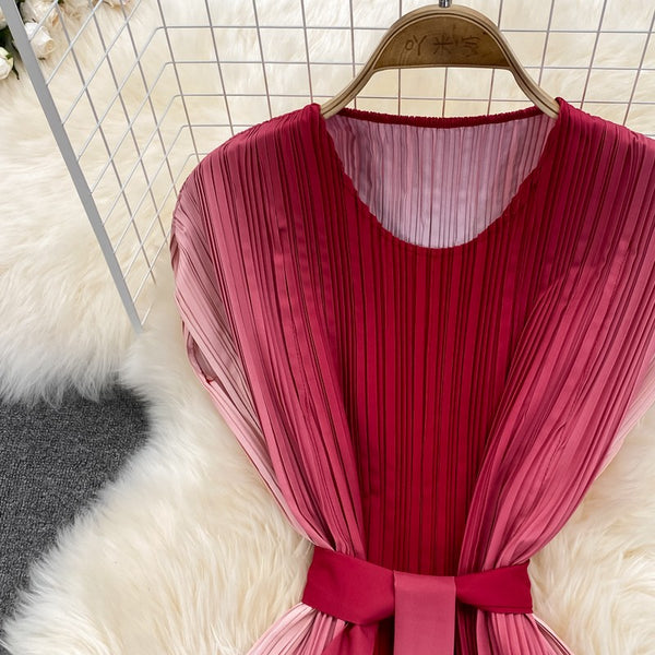 Summer Pretty Women Pleated Red Gradient Color Change Sleeveless Round Neck Waist Belt Band Size Loose Dress