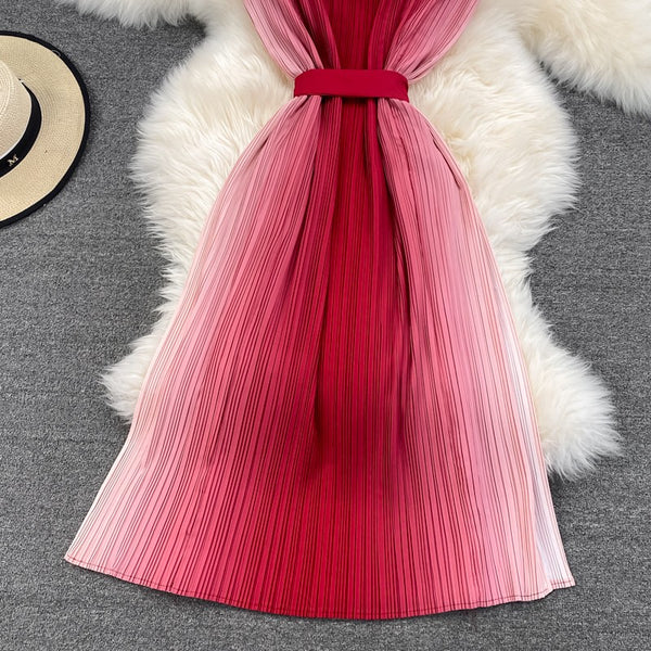 Summer Pretty Women Pleated Red Gradient Color Change Sleeveless Round Neck Waist Belt Band Size Loose Dress