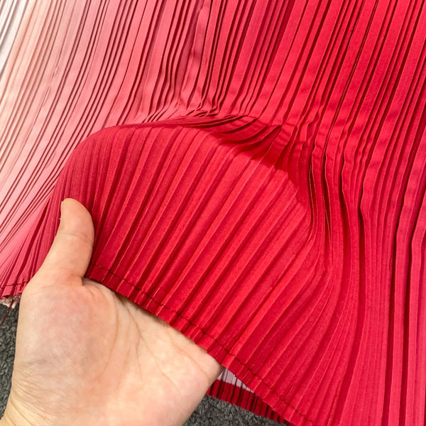 Summer Pretty Women Pleated Red Gradient Color Change Sleeveless Round Neck Waist Belt Band Size Loose Dress