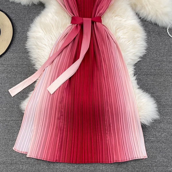 Summer Pretty Women Pleated Red Gradient Color Change Sleeveless Round Neck Waist Belt Band Size Loose Dress