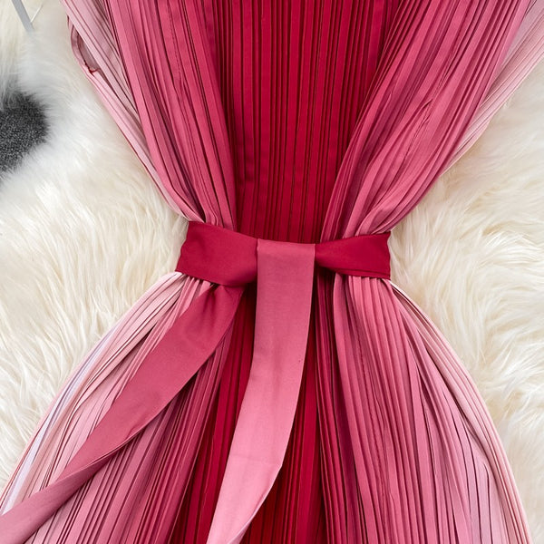 Summer Pretty Women Pleated Red Gradient Color Change Sleeveless Round Neck Waist Belt Band Size Loose Dress