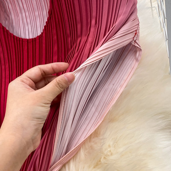 Summer Pretty Women Pleated Red Gradient Color Change Sleeveless Round Neck Waist Belt Band Size Loose Dress