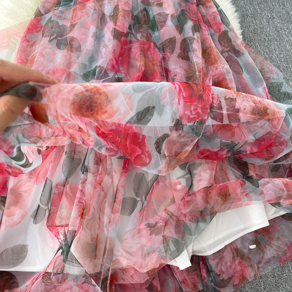 Summer Holiday Sexy Women Floral Printed Corset Shoulder Strap Waist Mid Length Multi-layer Big Hem Mesh Dress