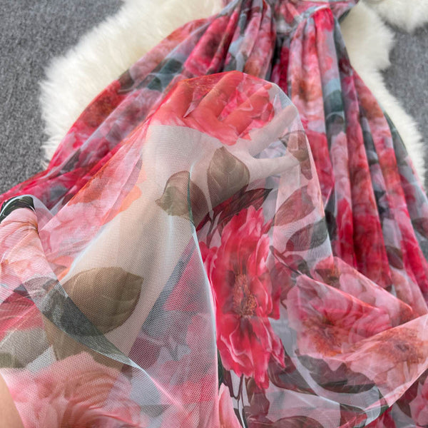 Summer Holiday Sexy Women Floral Printed Corset Shoulder Strap Waist Mid Length Multi-layer Big Hem Mesh Dress