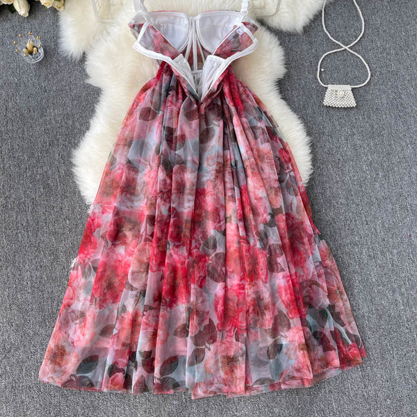 Summer Holiday Sexy Women Floral Printed Corset Shoulder Strap Waist Mid Length Multi-layer Big Hem Mesh Dress