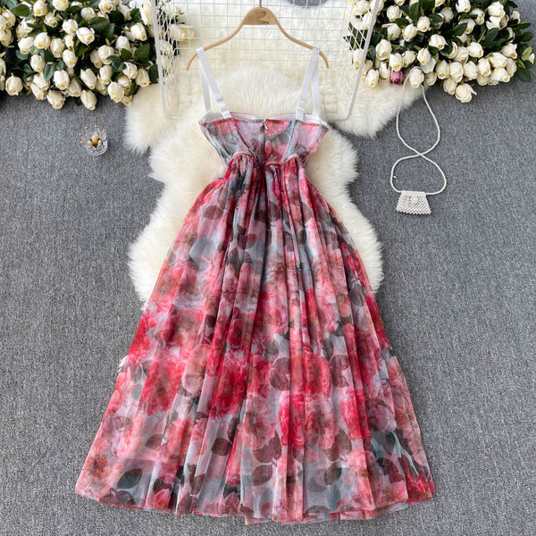 Summer Holiday Sexy Women Floral Printed Corset Shoulder Strap Waist Mid Length Multi-layer Big Hem Mesh Dress